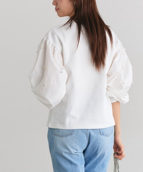 Pierrot(ピエロ)の「袖パールデザイントップス(Tシャツ/カットソー・レディース・ブラック/オフホワイト・L/M)」の8枚目の写真