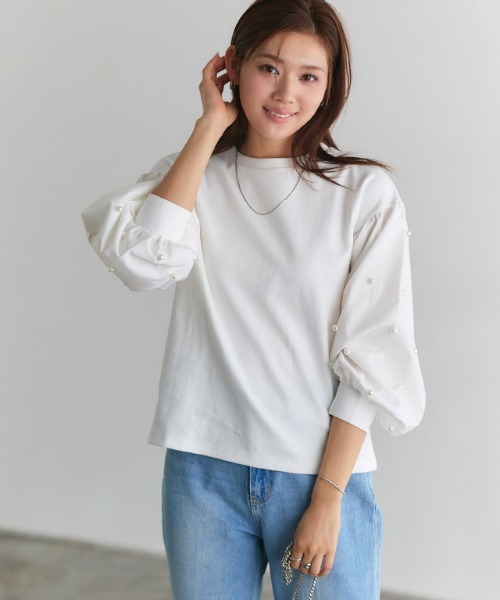 Pierrot(ピエロ)の「袖パールデザイントップス(Tシャツ/カットソー・レディース・ブラック/オフホワイト・L/M)」の9枚目の写真