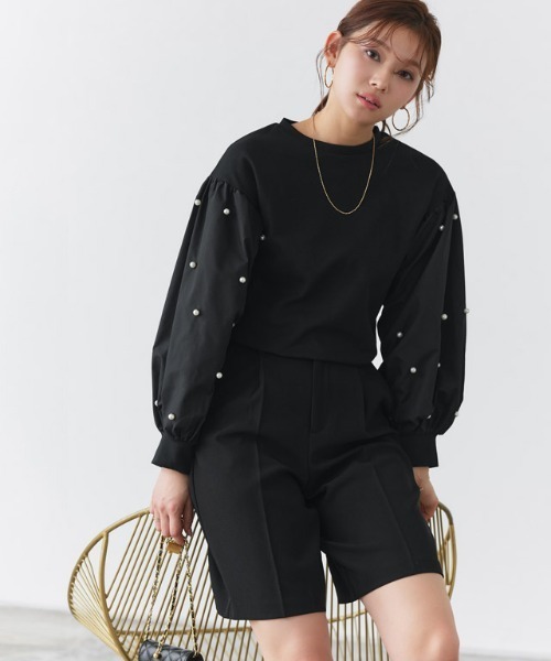 Pierrot(ピエロ)の「袖パールデザイントップス(Tシャツ/カットソー・レディース・ブラック/オフホワイト・L/M)」の11枚目の写真