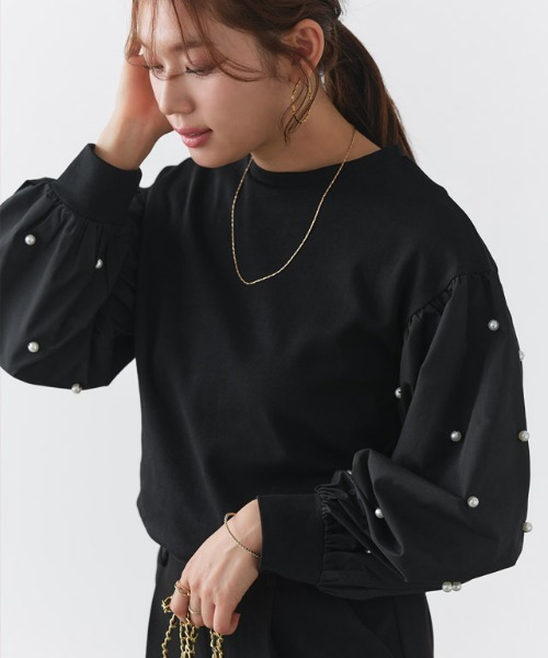 Pierrot(ピエロ)の「袖パールデザイントップス(Tシャツ/カットソー・レディース・ブラック/オフホワイト・L/M)」の12枚目の写真