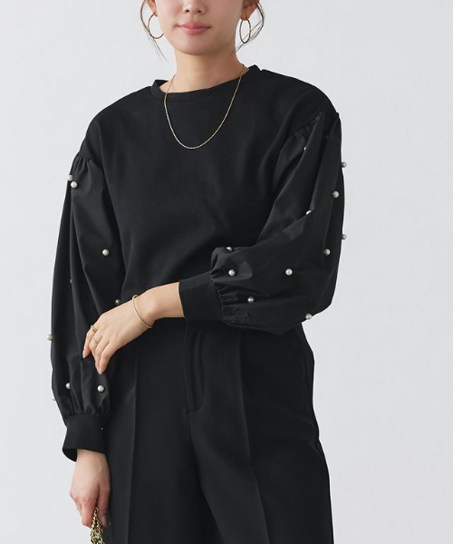 Pierrot(ピエロ)の「袖パールデザイントップス(Tシャツ/カットソー・レディース・ブラック/オフホワイト・L/M)」の14枚目の写真