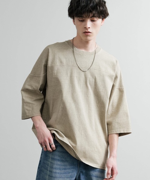 KRIFF MAYER（クリフメイヤー）の「KRIFF MAYER クリフメイヤー オーバーサイズ ヘビーオンス天竺 ピグメント加工 フットボール七分袖Tシャツ 2435808（Tシャツ/カットソー・メンズ・ピンク/ベージュ/オフホワイト/サックスブルー/ネイビー/イエロー/チャコールグレー/グリーン・M/L/XL）」の4枚目の写真
