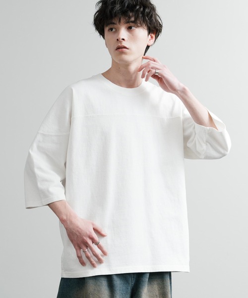 KRIFF MAYER（クリフメイヤー）の「KRIFF MAYER クリフメイヤー オーバーサイズ ヘビーオンス天竺 ピグメント加工 フットボール七分袖Tシャツ 2435808（Tシャツ/カットソー・メンズ・ピンク/ベージュ/オフホワイト/サックスブルー/ネイビー/イエロー/チャコールグレー/グリーン・M/L/XL）」の2枚目の写真