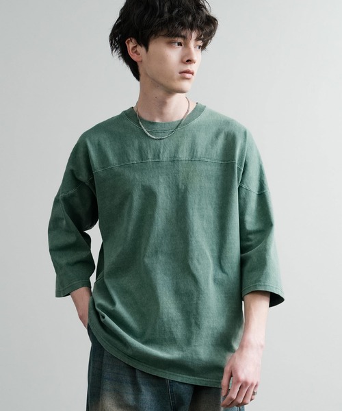 KRIFF MAYER（クリフメイヤー）の「KRIFF MAYER クリフメイヤー オーバーサイズ ヘビーオンス天竺 ピグメント加工 フットボール七分袖Tシャツ 2435808（Tシャツ/カットソー・メンズ・ピンク/ベージュ/オフホワイト/サックスブルー/ネイビー/イエロー/チャコールグレー/グリーン・M/L/XL）」の16枚目の写真