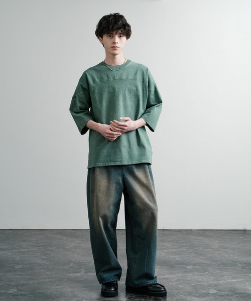 KRIFF MAYER（クリフメイヤー）の「KRIFF MAYER クリフメイヤー オーバーサイズ ヘビーオンス天竺 ピグメント加工 フットボール七分袖Tシャツ 2435808（Tシャツ/カットソー・メンズ・ピンク/ベージュ/オフホワイト/サックスブルー/ネイビー/イエロー/チャコールグレー/グリーン・M/L/XL）」の19枚目の写真