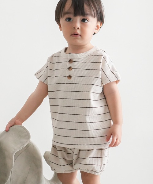 PUPPAPUPO(プッパプーポ)の「セットアップ 半袖 Tシャツ ショートパンツ ワッフル(Tシャツ/カットソー・キッズ・杢グレー/キナリ/モカ/グリーン/オートミール・70/80/90/100/110)」の3枚目の写真