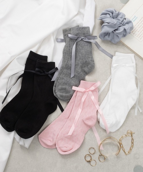 SVEC（シュベック）の「リボン付きソックス（ソックス/靴下・レディース・ホワイト/ピンク/グレー/ブラック・FREE）」の5枚目の写真