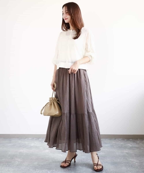 MK MICHEL KLEIN（エムケーミッシェルクラン）の「ソフト楊柳ティアードスカート/洗える（スカート・レディース・イエロー系その他/ライトブラウン/モカ・38）」の17枚目の写真