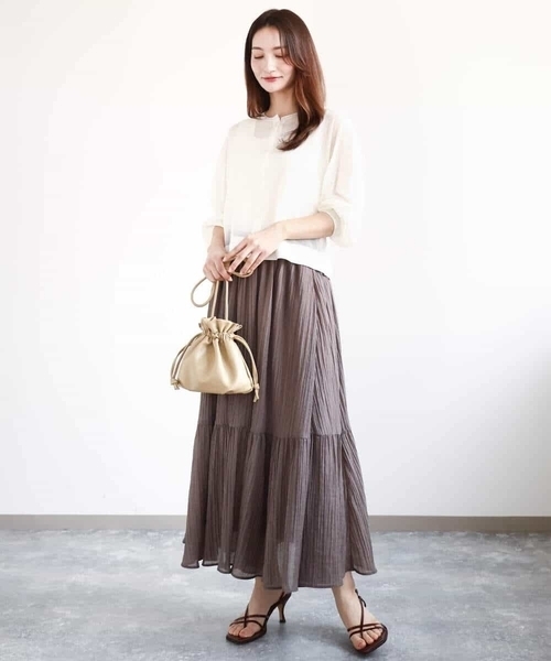 MK MICHEL KLEIN（エムケーミッシェルクラン）の「ソフト楊柳ティアードスカート/洗える（スカート・レディース・イエロー系その他/ライトブラウン/モカ・38）」の19枚目の写真