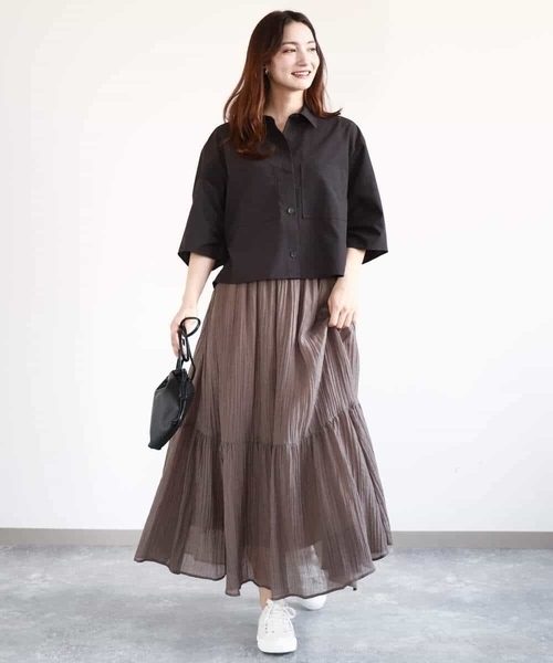 MK MICHEL KLEIN（エムケーミッシェルクラン）の「ソフト楊柳ティアードスカート/洗える（スカート・レディース・イエロー系その他/ライトブラウン/モカ・38）」の21枚目の写真