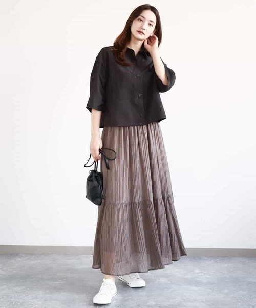 MK MICHEL KLEIN（エムケーミッシェルクラン）の「ソフト楊柳ティアードスカート/洗える（スカート・レディース・イエロー系その他/ライトブラウン/モカ・38）」の22枚目の写真