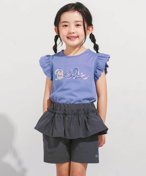 BeBe（ベベ）の「オーロラスパンコールロゴフリル袖Tシャツ(100~160cm)（Tシャツ/カットソー・キッズ・ピンク/ブルー・150cm/120cm/130cm/140cm）」の4枚目の写真
