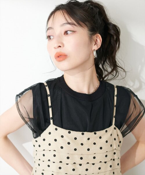 natural couture（ナチュラルクチュール）の「チュールニットレイヤードTOPS（ニット/セーター・レディース・ブラック/オフホワイト/ピンクベージュ/ブラック系その他/ライトグレー/ネイビー/ベージュ・FREE）」の3枚目の写真