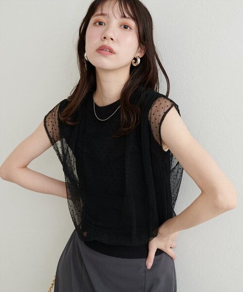 ニット セーター 「RE ARRIVAL」チュールレイヤードニット/ベージュ レディース レースレディース Lace Ladies オーバーサイズケーブルニット