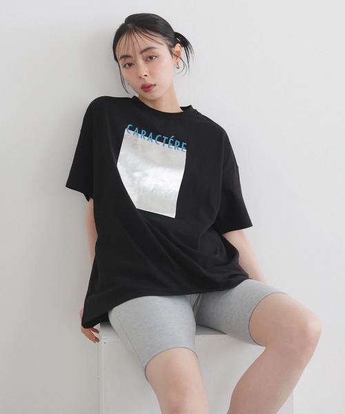 tシャツ ライン箔PT　ポケTEE レディース セール】箔プリントショート丈Tシャツ【UV/接触冷感/洗濯機洗い