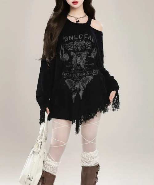 Sibra(シブラ)の「クラッシュフリンジグラフィックニットトップス(ニット/セーター・レディース・ブラック/アイボリー/ブルー・M)」の6枚目の写真