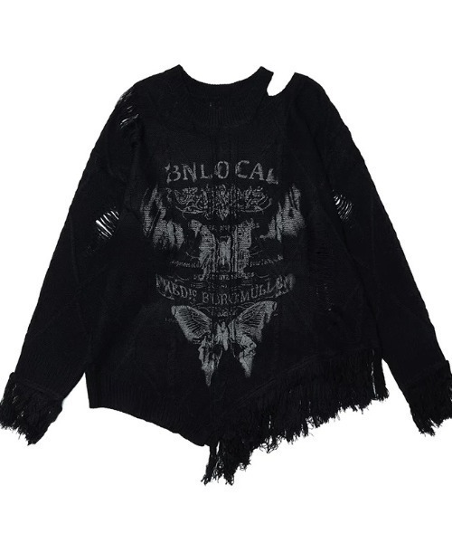 Sibra(シブラ)の「クラッシュフリンジグラフィックニットトップス(ニット/セーター・レディース・ブラック/アイボリー/ブルー・M)」の4枚目の写真