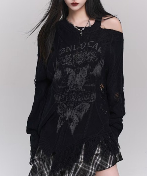 Sibra(シブラ)の「クラッシュフリンジグラフィックニットトップス(ニット/セーター・レディース・ブラック/アイボリー/ブルー・M)」の12枚目の写真