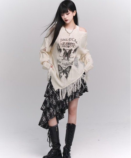 Sibra(シブラ)の「クラッシュフリンジグラフィックニットトップス(ニット/セーター・レディース・ブラック/アイボリー/ブルー・M)」の11枚目の写真