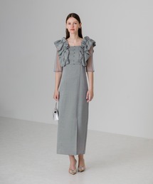 Leja | 【LEJA】フリルショルダーストーンIラインドレスワンピース美脚効果結婚式 パーティードレス 成人式 20代 30代(ドレス)