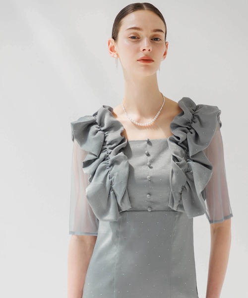 【LEJA】フリルショルダーストーンIラインドレスワンピース Leja（レジャ）の「【LEJA】フリルショルダーストーンIラインドレス