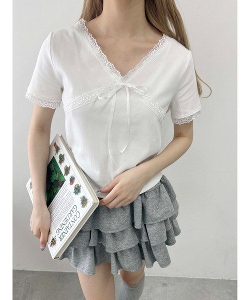 PHILLY（フィリー）の「【PHILLY】クロスリボンTシャツ（Tシャツ/カットソー・レディース・ホワイト/グレー/ブラック・FREE）」の4枚目の写真