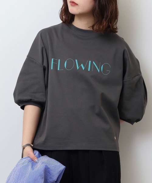 EGLANTINE(エグランティーヌ)の「EGLANTINE パフスリーブカットソー FLOWING ロゴ半袖プルオーバー(Tシャツ/カットソー・レディース・ブラック/チャコールグレー/キナリ/キャメル・40)」の15枚目の写真