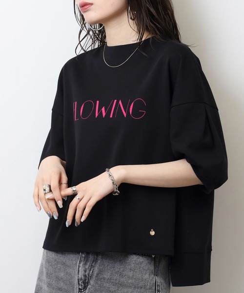 EGLANTINE(エグランティーヌ)の「EGLANTINE パフスリーブカットソー FLOWING ロゴ半袖プルオーバー(Tシャツ/カットソー・レディース・ブラック/チャコールグレー/キナリ/キャメル・40)」の9枚目の写真