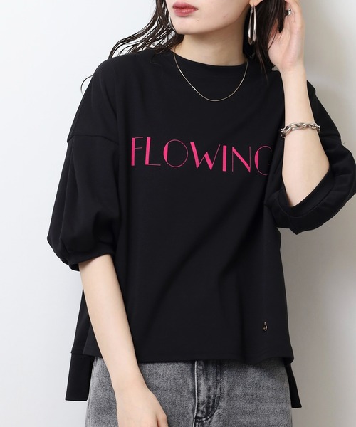 EGLANTINE(エグランティーヌ)の「EGLANTINE パフスリーブカットソー FLOWING ロゴ半袖プルオーバー(Tシャツ/カットソー・レディース・ブラック/チャコールグレー/キナリ/キャメル・40)」の11枚目の写真