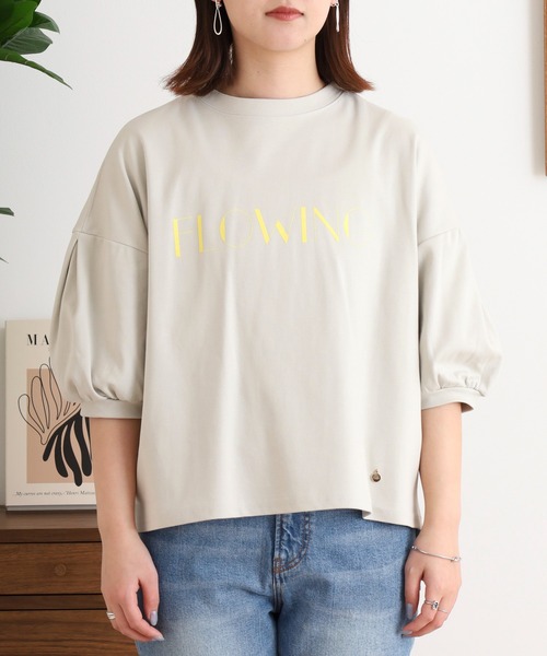 EGLANTINE(エグランティーヌ)の「EGLANTINE パフスリーブカットソー FLOWING ロゴ半袖プルオーバー(Tシャツ/カットソー・レディース・ブラック/チャコールグレー/キナリ/キャメル・40)」の21枚目の写真