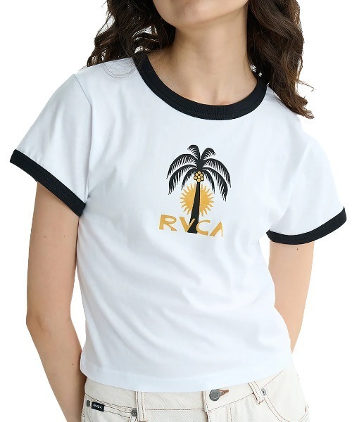 RVCA(ルーカ)の「RVCA レディース PALM TREE BABY RINGER ST Tシャツ 【2025年夏モデル】/ルーカ半袖ショート丈(短丈)パイピングリンガーTシャツ(Tシャツ/カットソー・レディース・グリーン系その他/ホワイト/ブラック・SMALL/LARGE/MEDIUM)」の2枚目の写真