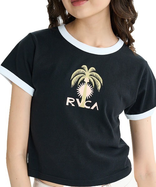 RVCA(ルーカ)の「RVCA レディース PALM TREE BABY RINGER ST Tシャツ 【2025年夏モデル】/ルーカ半袖ショート丈(短丈)パイピングリンガーTシャツ(Tシャツ/カットソー・レディース・グリーン系その他/ホワイト/ブラック・SMALL/LARGE/MEDIUM)」の1枚目の写真