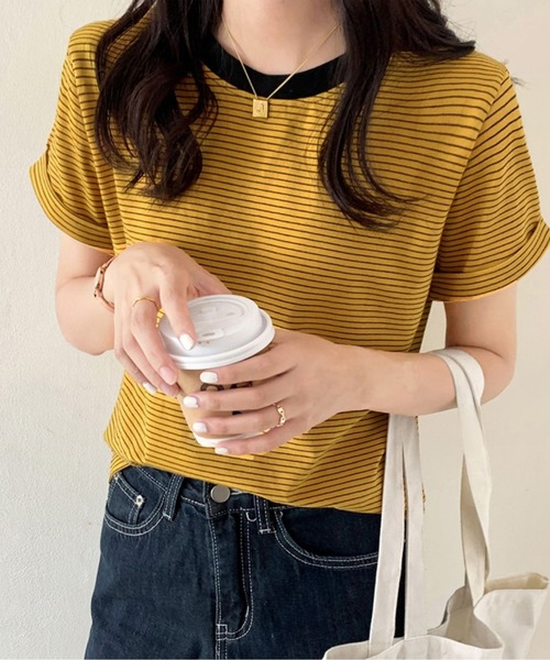 HEILIS(ヘイリス)の「ロールアップ半袖ボーダーカットソー / 夏服 春服 韓国 ボーダー マルチボーダー 細ボーダー フレンチ ガーリー トラッド カジュアル ノームコア 半袖 トップス カットソー グリーン イエロー アイボリー(Tシャツ/カットソー・レディース・グリーン/アイボリー/イエロー・FREE)」の3枚目の写真