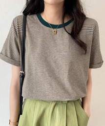 ロールアップ半袖ボーダーカットソー / 夏服 春服 韓国 ボーダー マルチボーダー 細ボーダー フレンチ ガーリー トラッド カジュアル ノームコア 半袖 トップス カットソー グリーン イエロー アイボリー