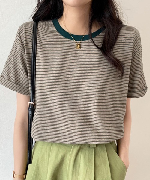 HEILIS(ヘイリス)の「ロールアップ半袖ボーダーカットソー / 夏服 春服 韓国 ボーダー マルチボーダー 細ボーダー フレンチ ガーリー トラッド カジュアル ノームコア 半袖 トップス カットソー グリーン イエロー アイボリー(Tシャツ/カットソー・レディース・グリーン/アイボリー/イエロー・FREE)」の1枚目の写真