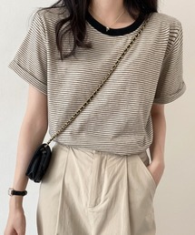 ロールアップ半袖ボーダーカットソー / 夏服 春服 韓国 ボーダー マルチボーダー 細ボーダー フレンチ ガーリー トラッド カジュアル ノームコア 半袖 トップス カットソー グリーン イエロー アイボリー
