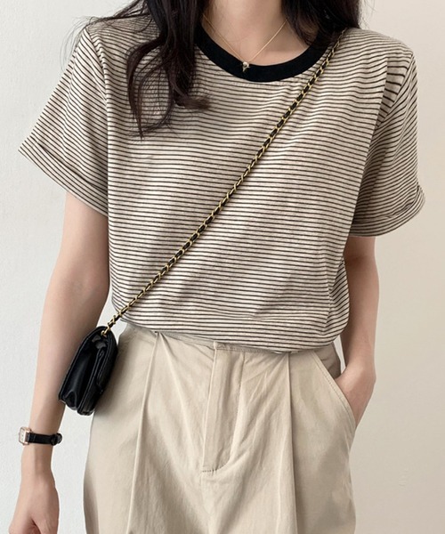 HEILIS(ヘイリス)の「ロールアップ半袖ボーダーカットソー / 夏服 春服 韓国 ボーダー マルチボーダー 細ボーダー フレンチ ガーリー トラッド カジュアル ノームコア 半袖 トップス カットソー グリーン イエロー アイボリー(Tシャツ/カットソー・レディース・グリーン/アイボリー/イエロー・FREE)」の2枚目の写真