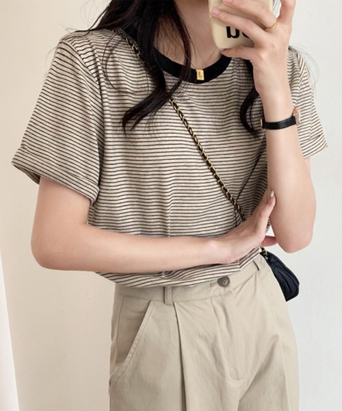 HEILIS(ヘイリス)の「ロールアップ半袖ボーダーカットソー / 夏服 春服 韓国 ボーダー マルチボーダー 細ボーダー フレンチ ガーリー トラッド カジュアル ノームコア 半袖 トップス カットソー グリーン イエロー アイボリー(Tシャツ/カットソー・レディース・グリーン/アイボリー/イエロー・FREE)」の4枚目の写真