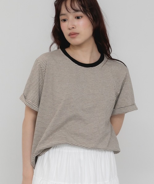 HEILIS(ヘイリス)の「ロールアップ半袖ボーダーカットソー / 夏服 春服 韓国 ボーダー マルチボーダー 細ボーダー フレンチ ガーリー トラッド カジュアル ノームコア 半袖 トップス カットソー グリーン イエロー アイボリー(Tシャツ/カットソー・レディース・グリーン/アイボリー/イエロー・FREE)」の7枚目の写真