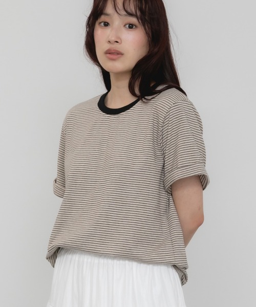HEILIS(ヘイリス)の「ロールアップ半袖ボーダーカットソー / 夏服 春服 韓国 ボーダー マルチボーダー 細ボーダー フレンチ ガーリー トラッド カジュアル ノームコア 半袖 トップス カットソー グリーン イエロー アイボリー(Tシャツ/カットソー・レディース・グリーン/アイボリー/イエロー・FREE)」の8枚目の写真