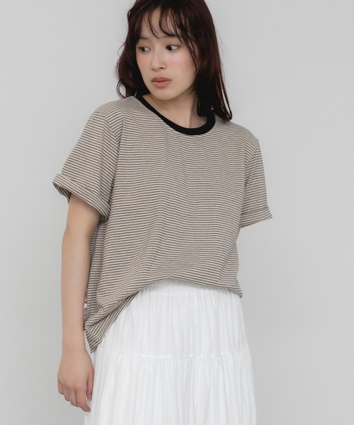 HEILIS(ヘイリス)の「ロールアップ半袖ボーダーカットソー / 夏服 春服 韓国 ボーダー マルチボーダー 細ボーダー フレンチ ガーリー トラッド カジュアル ノームコア 半袖 トップス カットソー グリーン イエロー アイボリー(Tシャツ/カットソー・レディース・グリーン/アイボリー/イエロー・FREE)」の9枚目の写真