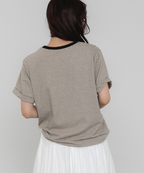HEILIS(ヘイリス)の「ロールアップ半袖ボーダーカットソー / 夏服 春服 韓国 ボーダー マルチボーダー 細ボーダー フレンチ ガーリー トラッド カジュアル ノームコア 半袖 トップス カットソー グリーン イエロー アイボリー(Tシャツ/カットソー・レディース・グリーン/アイボリー/イエロー・FREE)」の11枚目の写真