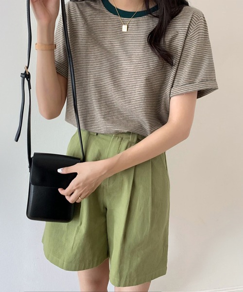 HEILIS(ヘイリス)の「ロールアップ半袖ボーダーカットソー / 夏服 春服 韓国 ボーダー マルチボーダー 細ボーダー フレンチ ガーリー トラッド カジュアル ノームコア 半袖 トップス カットソー グリーン イエロー アイボリー(Tシャツ/カットソー・レディース・グリーン/アイボリー/イエロー・FREE)」の17枚目の写真