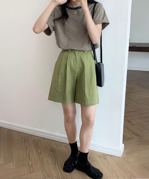 HEILIS(ヘイリス)の「ロールアップ半袖ボーダーカットソー / 夏服 春服 韓国 ボーダー マルチボーダー 細ボーダー フレンチ ガーリー トラッド カジュアル ノームコア 半袖 トップス カットソー グリーン イエロー アイボリー(Tシャツ/カットソー・レディース・グリーン/アイボリー/イエロー・FREE)」の18枚目の写真