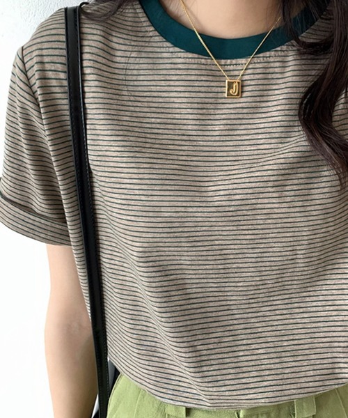 HEILIS(ヘイリス)の「ロールアップ半袖ボーダーカットソー / 夏服 春服 韓国 ボーダー マルチボーダー 細ボーダー フレンチ ガーリー トラッド カジュアル ノームコア 半袖 トップス カットソー グリーン イエロー アイボリー(Tシャツ/カットソー・レディース・グリーン/アイボリー/イエロー・FREE)」の19枚目の写真