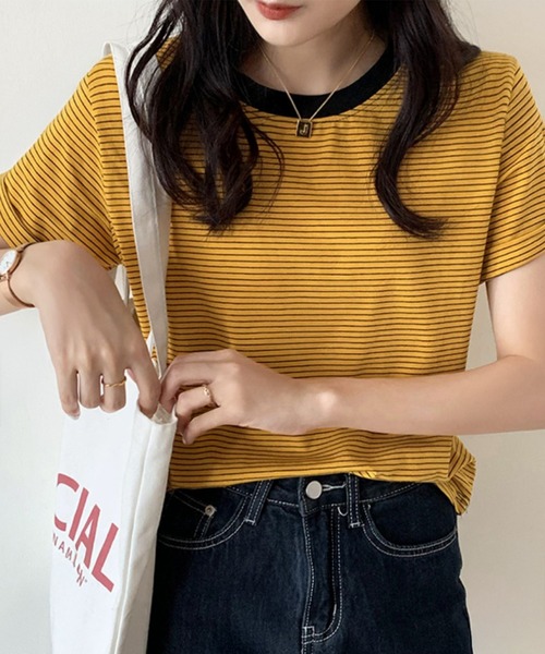 HEILIS(ヘイリス)の「ロールアップ半袖ボーダーカットソー / 夏服 春服 韓国 ボーダー マルチボーダー 細ボーダー フレンチ ガーリー トラッド カジュアル ノームコア 半袖 トップス カットソー グリーン イエロー アイボリー(Tシャツ/カットソー・レディース・グリーン/アイボリー/イエロー・FREE)」の20枚目の写真