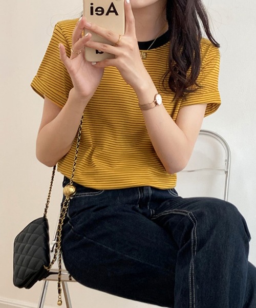 HEILIS(ヘイリス)の「ロールアップ半袖ボーダーカットソー / 夏服 春服 韓国 ボーダー マルチボーダー 細ボーダー フレンチ ガーリー トラッド カジュアル ノームコア 半袖 トップス カットソー グリーン イエロー アイボリー(Tシャツ/カットソー・レディース・グリーン/アイボリー/イエロー・FREE)」の21枚目の写真