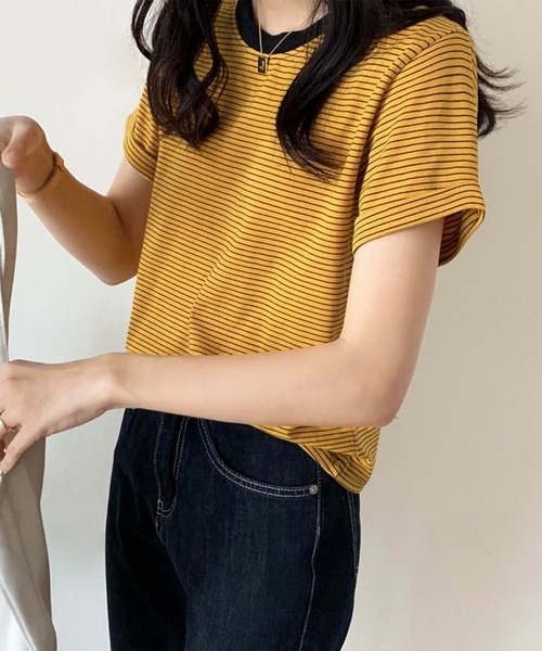 HEILIS(ヘイリス)の「ロールアップ半袖ボーダーカットソー / 夏服 春服 韓国 ボーダー マルチボーダー 細ボーダー フレンチ ガーリー トラッド カジュアル ノームコア 半袖 トップス カットソー グリーン イエロー アイボリー(Tシャツ/カットソー・レディース・グリーン/アイボリー/イエロー・FREE)」の22枚目の写真