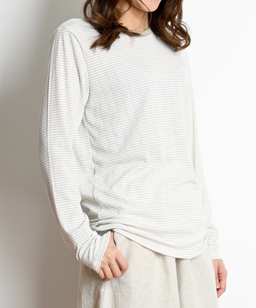 MARAI(マーライ)の「袖ボタン ボーダーカットソー(Tシャツ/カットソー・レディース・グレー/ネイビー/ベージュ/ブラック・L/M)」の1枚目の写真