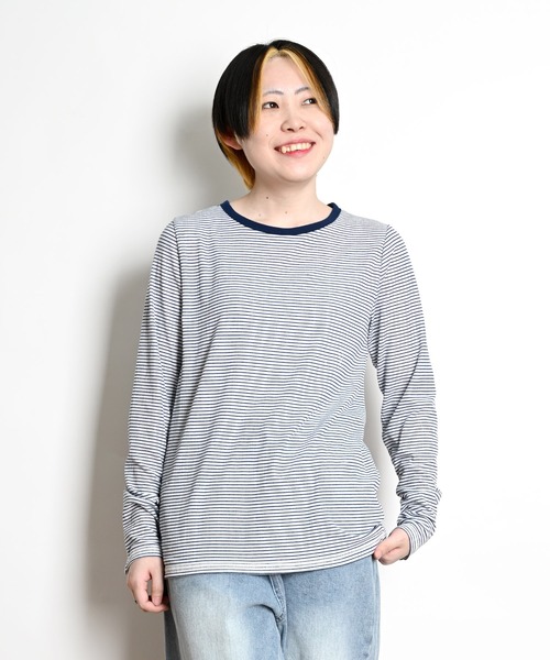 MARAI(マーライ)の「袖ボタン ボーダーカットソー(Tシャツ/カットソー・レディース・グレー/ネイビー/ベージュ/ブラック・L/M)」の4枚目の写真